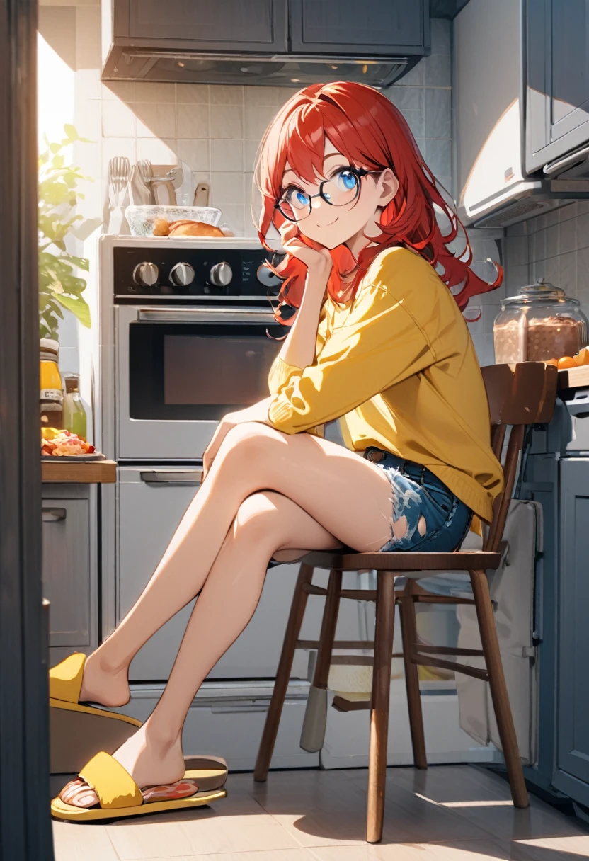 Girl with wavy red hair, blue eyes, glasses, torn denim shorts and slippers in the kitchen, having a delicious breakfast with a view of the microwave stove, refrigerator, sitting on a chair in front of a table with legs crossed, with Anabela sandals yellow high heel smiling, looking at viewer, full view