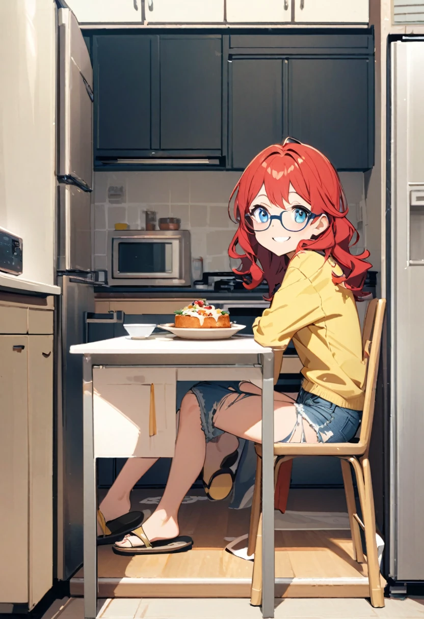 Girl with wavy red hair, blue eyes, glasses, torn denim shorts and slippers in the kitchen, having a delicious breakfast with a view of the microwave stove, refrigerator, sitting on a chair in front of a table with legs crossed, with Anabela sandals yellow high heel smiling, looking at viewer, full view