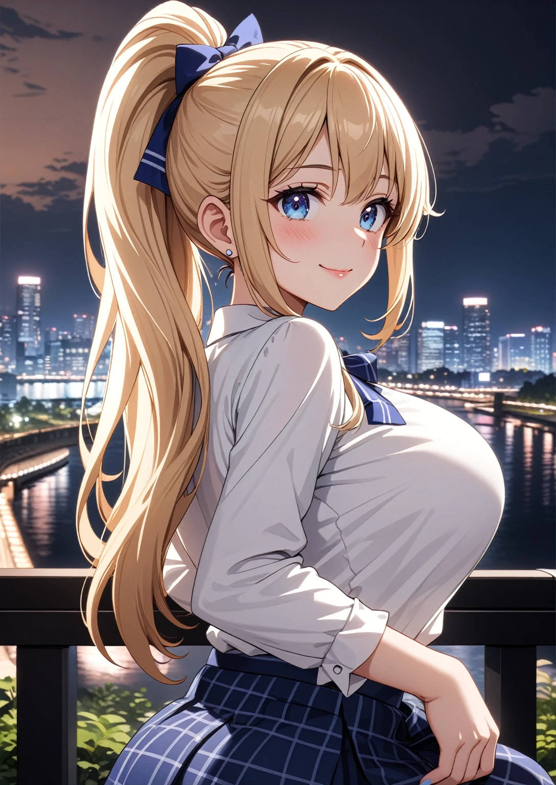 ((One girl)), Beautiful smile,Blushing,Close your mouth,Glossy Lips,Abstract, Yokohama night view park, ((Anime style background)),masterpiece, highest quality, so beautiful, Absurd, up to date, Complex details, Pink long nails,AI-generated, Complex,High resolution, highest quality, super high quality,3D Images、View the viewers、3D Images,one person,Long Blonde Hair,High Ponytail,blue eyes,Anime girl posing for photo, [[Fine grain、Colorful eyes、Shining Eyes:1.15]],(Squint your eyes:1.1),a hyperRealistic , hyperRealistic , Realistic , blonde anime girl with long hair, Smooth anime CG art, Beautiful anime school girl,White long sleeve blouse,Blue checked skirt,Big blue chest ribbon, Earrings,(Large Breasts:1.3),Mature Body,tall,Big Ass,Black T-shirt,Fine details,Abdominal muscles,(Look Back),Stick your butt out