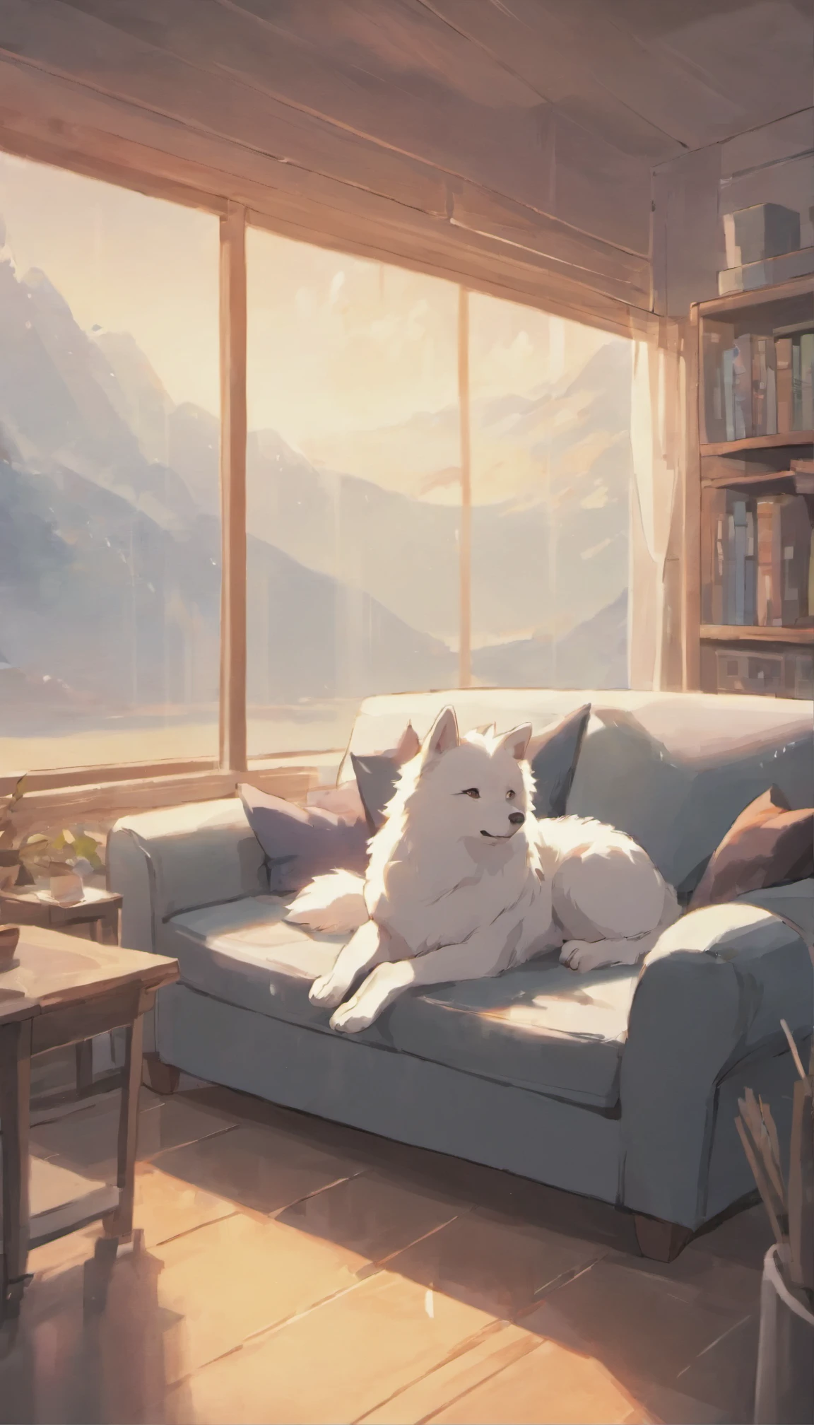 Spacious sofa,relax,Samoyed dog,Calm colors,room
