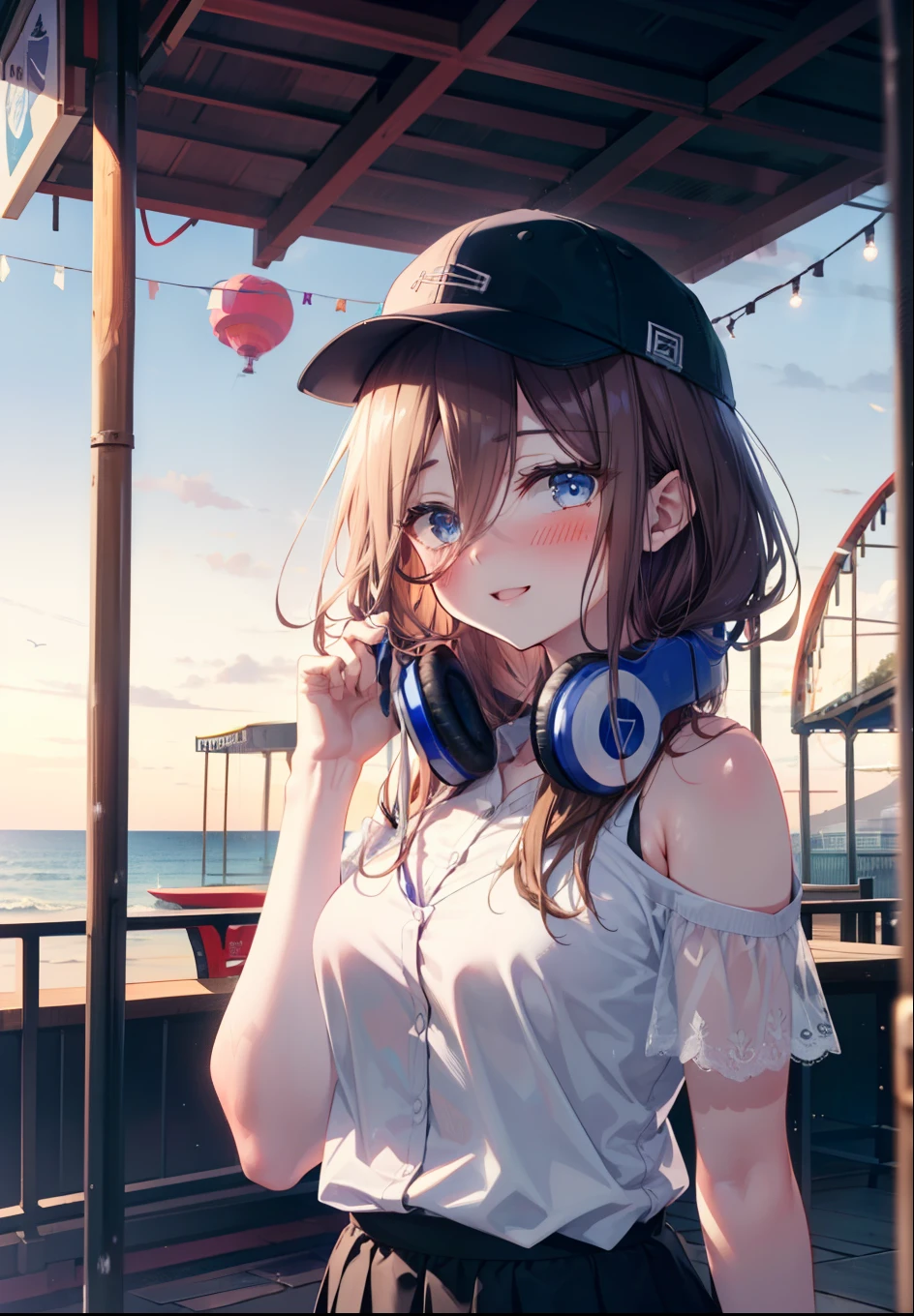Mikunakano, Miku Nakano, Long Hair, bangs, blue eyes, Brown Hair, shirt, Hair between the eyes, cardigan, Headphones around neck,happy smile, smile, Open your mouth,Cold shoulder tops,Short sleeve,Shorts,High-top sneakers,Hunting Cap,Walking,whole bodyがイラストに入るように,Ferris wheel, roller coaster, carousel, balloon, playground, Seaside, green, amusement park
break outdoors, amusement park,
break looking at viewer, whole body,(Cowboy Shot:1. 5)
break (masterpiece:1.2), highest quality, High resolution, unity 8k wallpaper, (figure:0.8), (Beautiful fine details:1.6), Highly detailed face, Perfect lighting, Highly detailed CG, (Perfect hands, Perfect Anatomy),