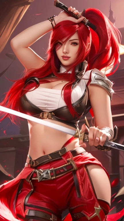 a woman with red hair holding a sword and a knife, katarina from league of legends, miss fortune league of legends, katarina, akali, akali from league of legends, miss fortune, extremely detailed artgerm, rossdraws 1. 0, league of legends style art, artgerm lau, rossdraws digital painting, artgerm detailed