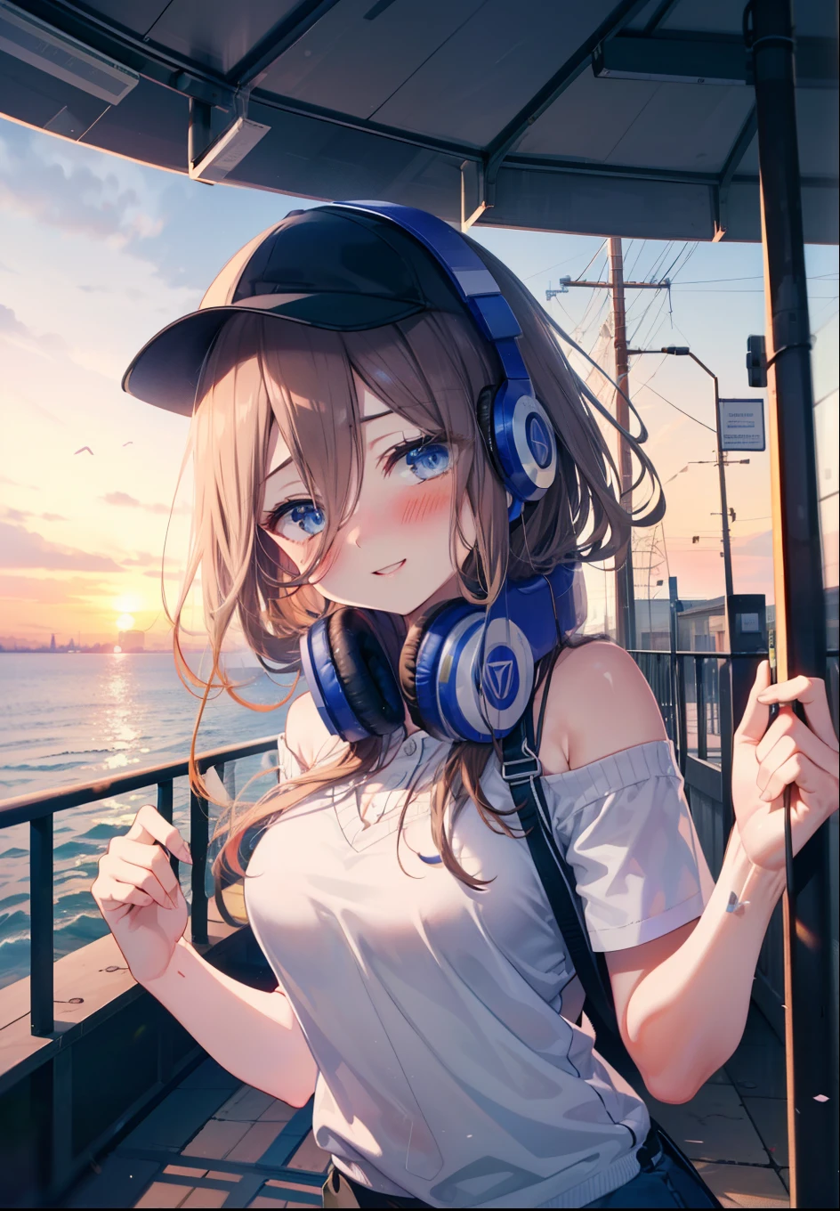 Mikunakano, Miku Nakano, Long Hair, bangs, blue eyes, Brown Hair, shirt, Hair between the eyes, cardigan, Headphones around neck,happy smile, smile, Open your mouth,Cold shoulder tops,Short sleeve,Shorts,High-top sneakers,Hunting Cap,Walking,whole bodyがイラストに入るように,Ferris wheel, roller coaster, carousel, balloon, playground, Seaside, green, amusement park
break outdoors, amusement park,
break looking at viewer, whole body,(Cowboy Shot:1. 5)
break (masterpiece:1.2), highest quality, High resolution, unity 8k wallpaper, (figure:0.8), (Beautiful fine details:1.6), Highly detailed face, Perfect lighting, Highly detailed CG, (Perfect hands, Perfect ???????),