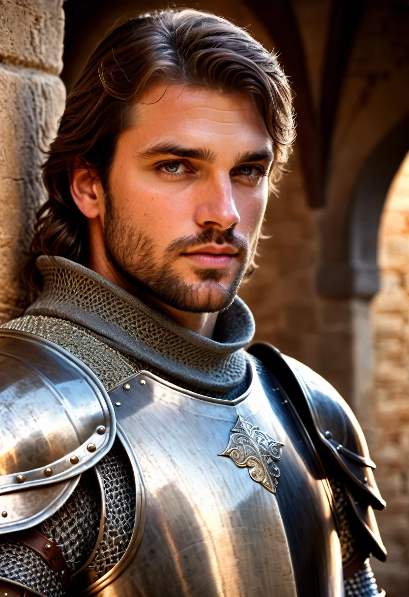 (highly detailed, detailed eyes, soft light, photorealistic, realistic light; cinematic) gorgeous male medieval knight looking over his shoulder with longing, looking at camera, expression of longing and lust.