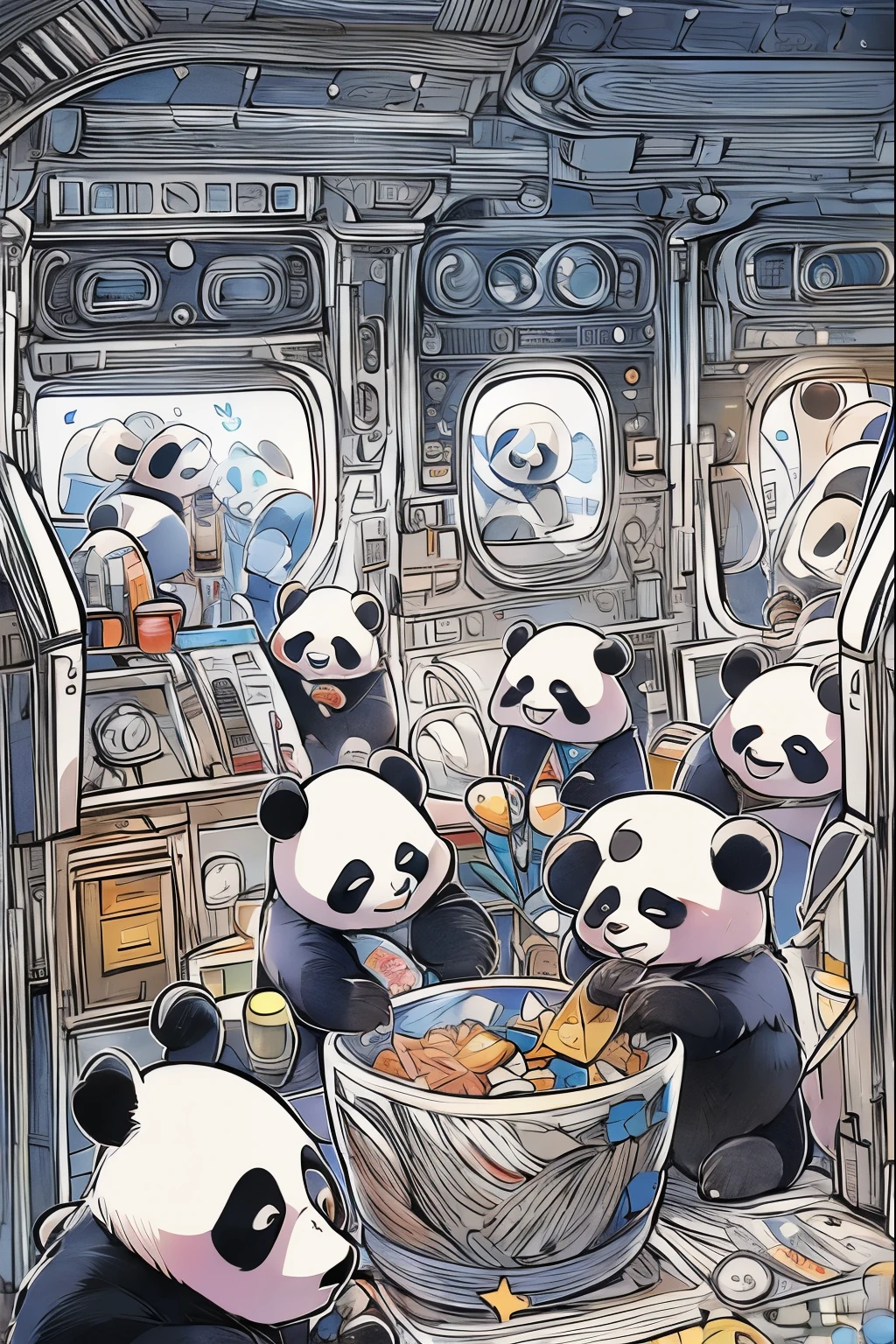 Panda family sightseeing inside USS ENTERPRISE, dune, star wars, masterpiece, coloring-book,