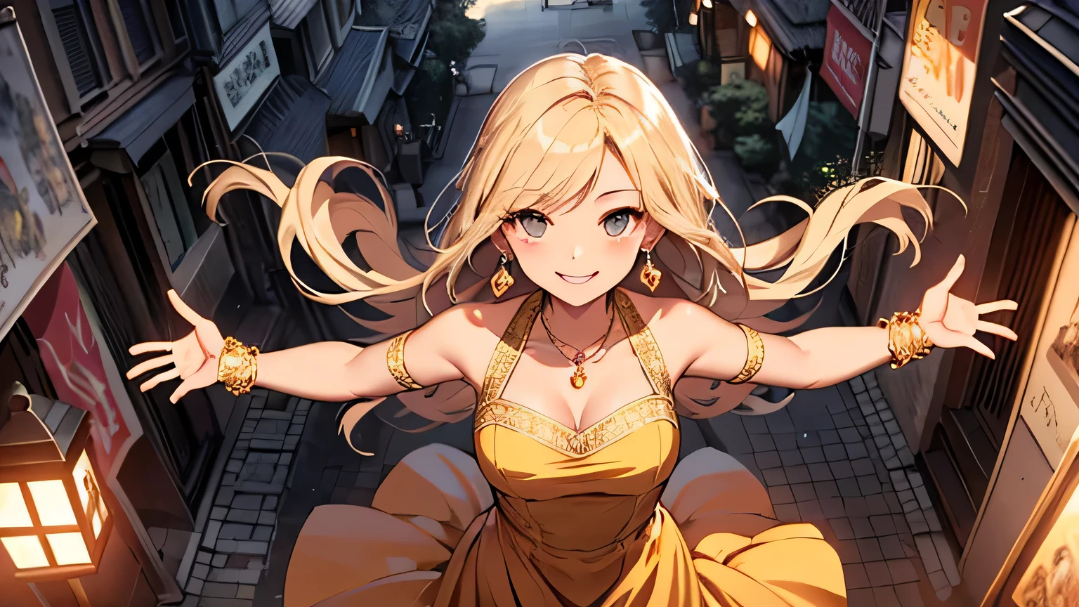 ((highest quality)), ((masterpiece)), (detailed), Perfect Face、Town、evening、Walk with open arms、blonde、Straight Hair、Golden Dress、Earrings、necklace、Look Up、smile、Angle from above、Accurate hands、