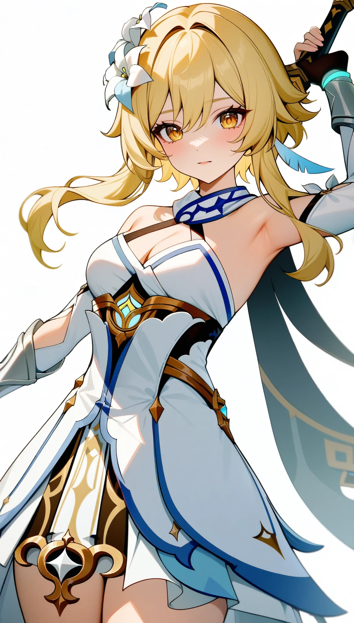 masterpiece, best quality, very aesthetic, absurdres, newest, cowboy_shot,
lumine_(genshin_impact),genshin_impact, 1girl, black_gloves, blonde_hair, breasts, cleavage, detached_sleeves, dress, flower, gloves, hair_flower, hair_ornament, medium_breasts, short_hair_with_long_locks, sidelocks, sleeveless, sleeveless_dress, vambraces, white_dress, white_flower, yellow_eyes,holding, holding_flower, holding_sword, holding_weapon, solo, sword, simple_background, weapon, white_background,