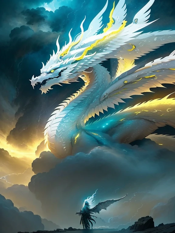 A glowing yellow eyes massive divine white dragon, yellow energy veins between the scales, multiple angel wings, stormy cloudy sky background, dramatic lighting, epic fantasy, dramatic colors, dramatic composition, dramatic atmosphere, fantasy art