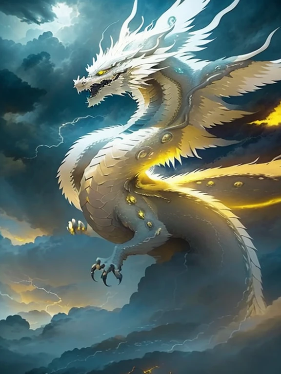 A glowing yellow eyes massive divine white dragon, yellow energy veins between the scales, multiple angel wings, stormy cloudy sky background, dramatic lighting, epic fantasy, dramatic colors, dramatic composition, dramatic atmosphere, fantasy art