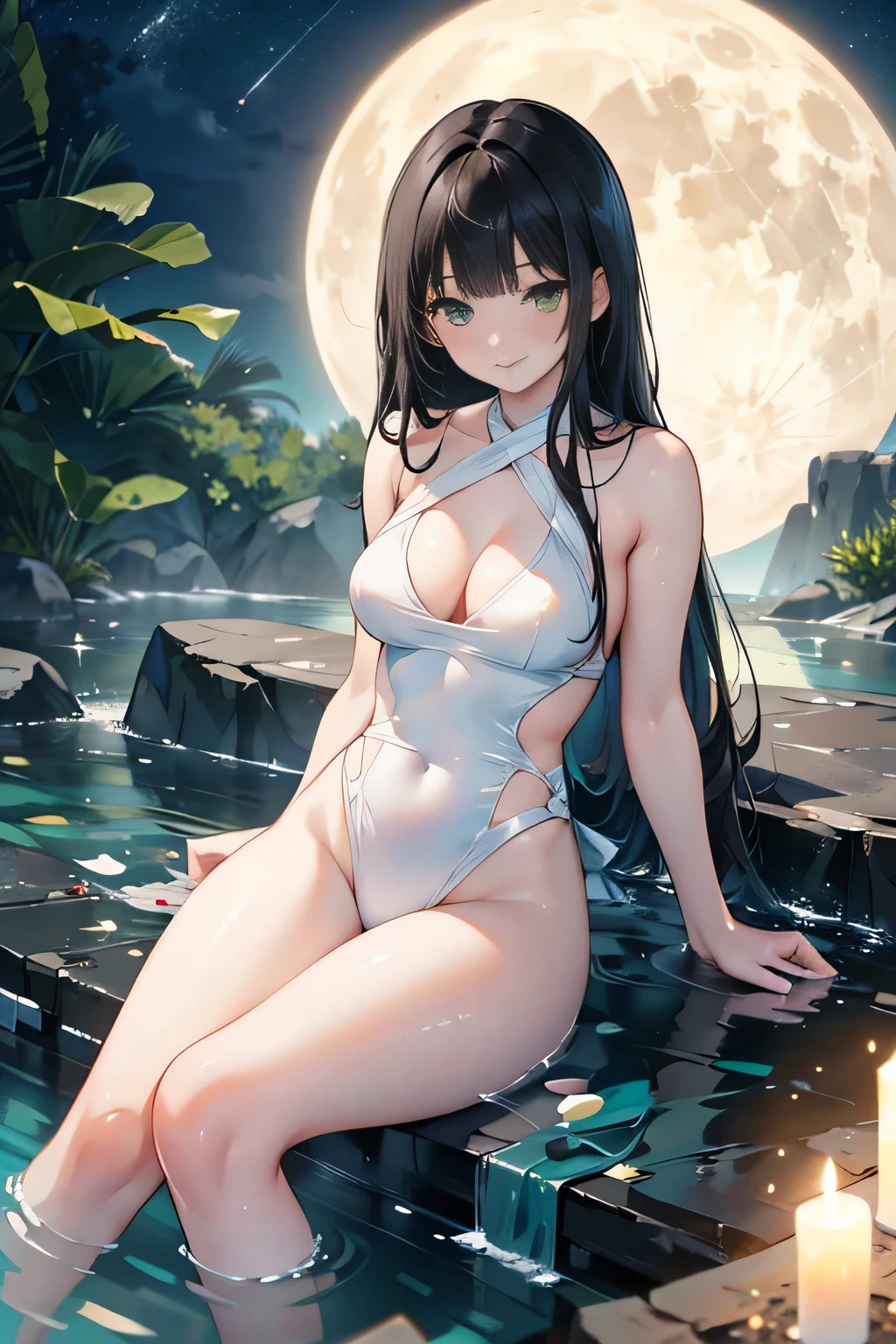 full body,high angle,from above,cleavage,♥(one piece swimsuit),((1girl,cute,young,Semi long beautiful black hair,blunt bangs,beautiful green eyes)),(solo),((masterpiece, highest resolution,best quality)), ((realistic:1.5,Beautiful girl RAW photo)),(White figure skate costume), (bathing in the spa,flat sitting in the water), (looking at the viewer), innocent smile,cinematic lighting,beautiful outside open spa, rocks,natural beauty,full moon,night sky
