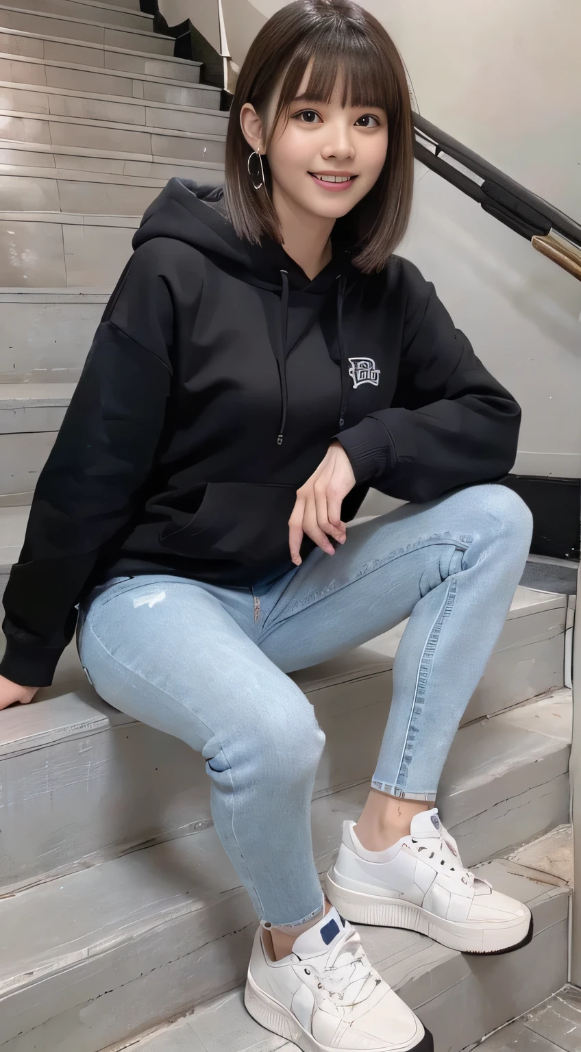 highest quality, Realistic, Very detailed, Finer details, High resolution, 8k wallpaper, One beautiful woman,Sit on the stairs、(Wear black socks)smile、(Beautiful teeth alignment、)(Gums are visible) Oversized hoodie, Skinny jeans,( Black sneakers)、Black Hair、 Beautiful Bangs、ear piercing、Perfect dynamic composition, Beautiful and detailed, Full Body Shot, A big smile brown hair