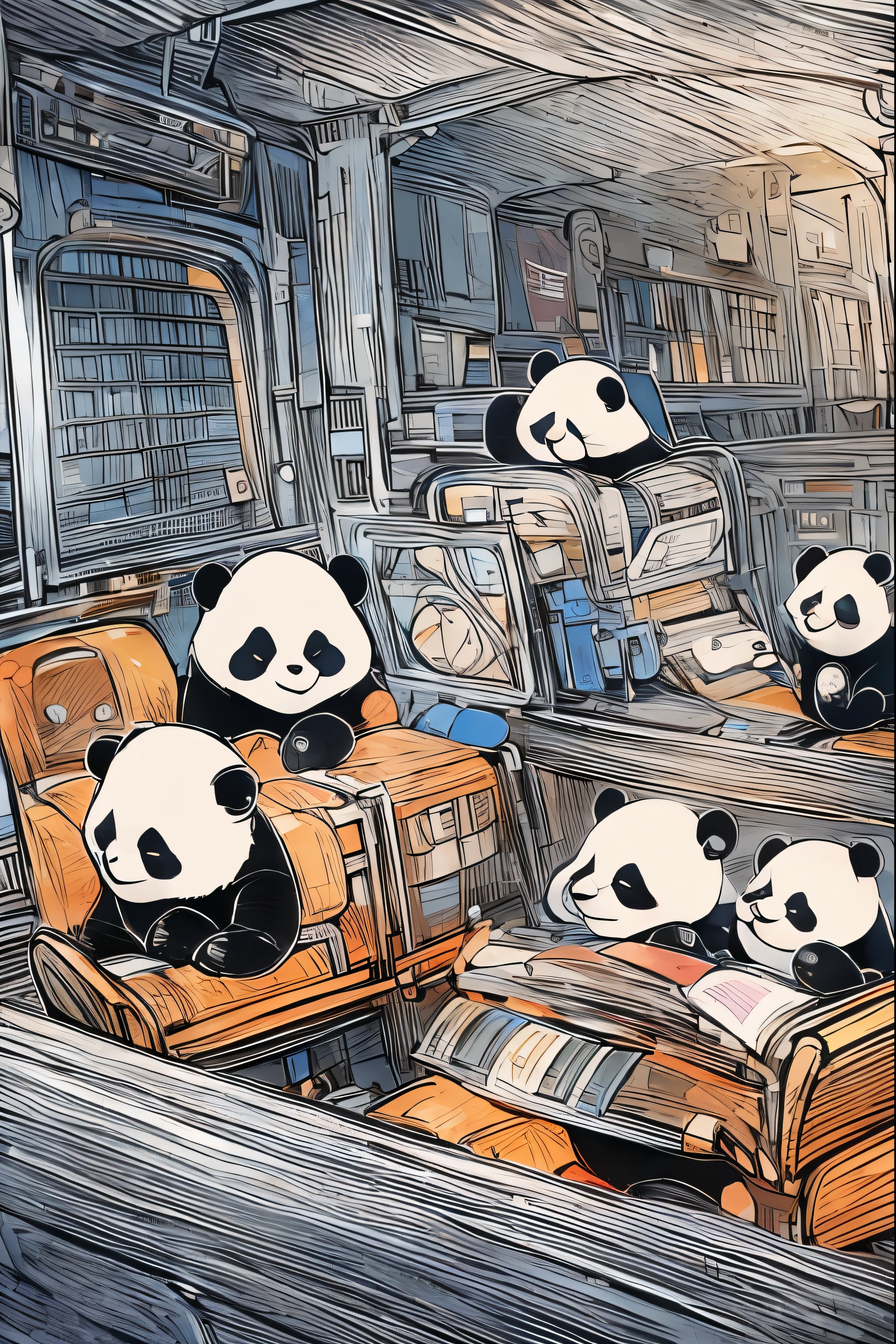 Panda family sightseeing inside USS ENTERPRISE, masterpiece, coloring-book,