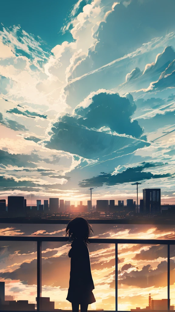 anime,silhouette,1girl, cloud, cityscape, building, city, outdoors, skyscraper, city lights, blue sky, skyline,morning,
