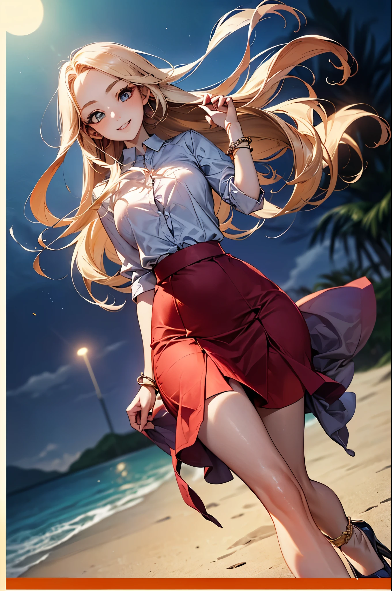 ((Biologically correct limb count))、(( whole body including face))、4K、Masterpiece、((Focus on the face))、((Symmetrical, well-proportioned facial features))、Eyes with delicate depictions、(((1 person)))、Beautiful woman、Outstanding style、Slender Body、、((Red Army Uniform、shirt、Checked Skirt,(High heels with anklets)))、(((coastal)))、(Smiling and smiling)、(Close-up photo of the upper body)、High angle、Photos with a white border around them、night、Walking posture、