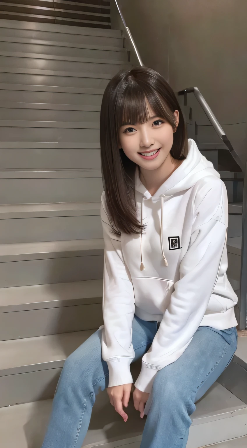 highest quality, Realistic, Very detailed, Finer details, High resolution, 8k wallpaper, One beautiful woman,Sit on the stairs、（Wear black socks）smile、（Beautiful teeth alignment、）（Gums are visible） Oversized hoodie, Skinny jeans,（ Black sneakers）、Black Hair、 Beautiful Bangs、ear piercing、Perfect dynamic composition, Beautiful and detailed, Full Body Shot, A big smile brown hair