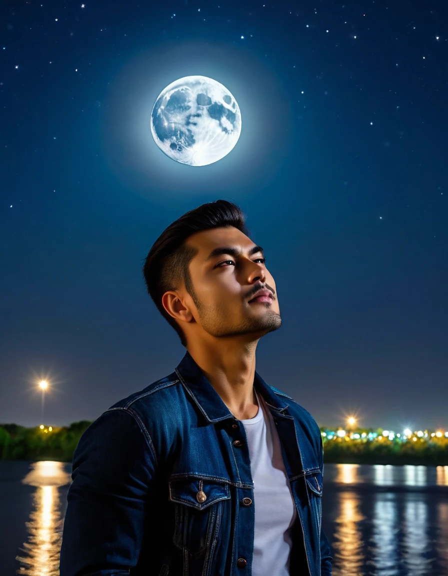 Super moon in the night sky, big moon covers half of the sky, super moon behind Handsome man, the moon is very close, looking at the beautiful sky, portrait from the side, by the river, super moon, beautiful sky the stars are shining, very realistic.