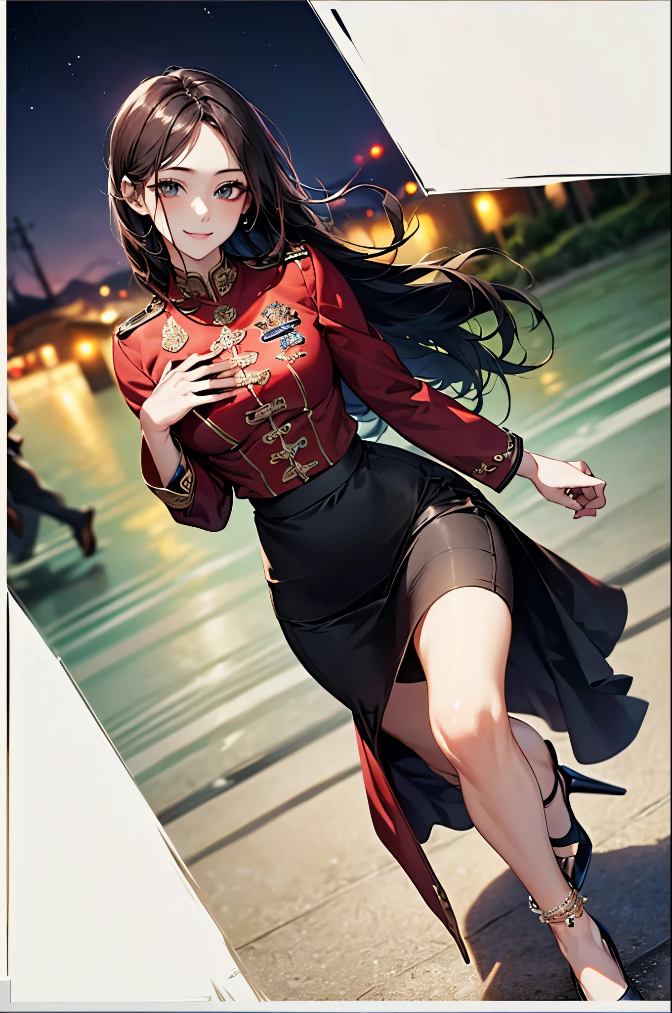 ((Biologically correct limb count))、(( whole body including face))、4K、Masterpiece、((Focus on the face))、((Symmetrical, well-proportioned facial features))、Eyes with delicate depictions、(((1 person)))、Beautiful woman、Outstanding style、Slender Body、、((Red Army Uniform、shirt、Checked Skirt,(High heels with anklets)))、(((coastal)))、(Smiling and smiling)、(Close-up photo of the upper body)、High angle、Photos with a white border around them、night、Walking posture、