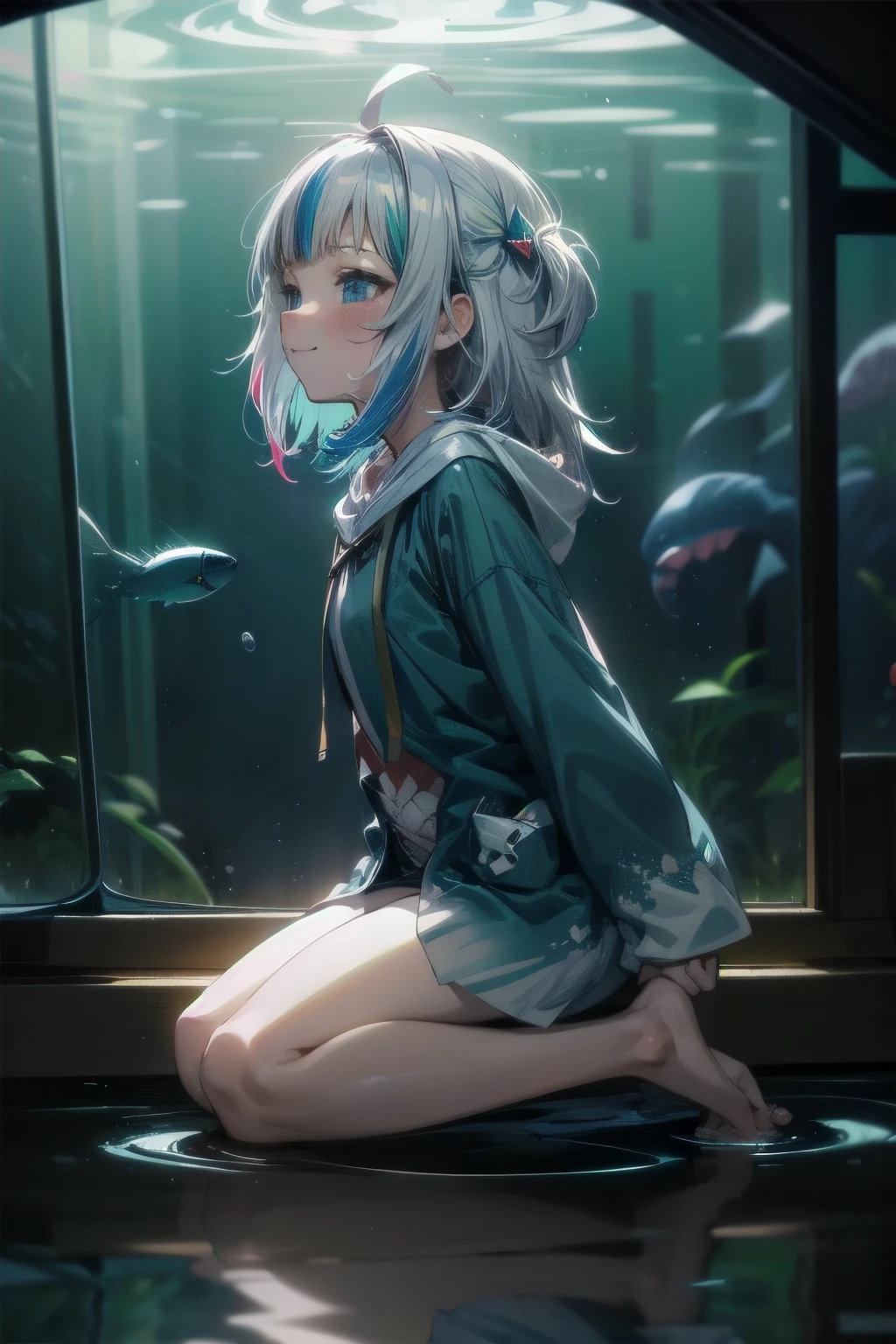 ((Gawr gura)), ((Masterpiece)), ((best quality)), (Anime:1.3), (super detail:1.2),(High Definition:1.3), (Professional Photography:1.2), from side, (cinematic lighting), (flat body), (flat chest), ahoge, messy hair, (blush), (very naughty smile), (ultra detailed), (Kneeling), 1girl, blue hoodie, full body, ((Inside the aquarium)), (surrounded by colorful splashes), colorful bubble, shining, (sharp focus), (perfect light),