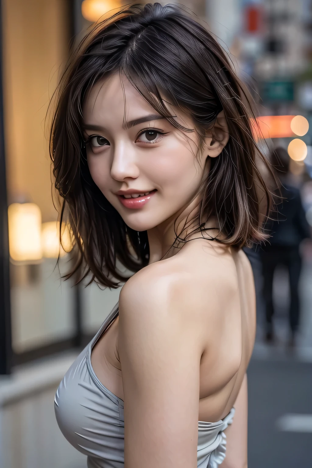 (8k, RAW Photos, highest quality, masterpiece, Realistic, Realistic), (1 female), (Ultimate beauty), Highly detailed face, (Perfect Teeth), Beautiful Eyes, double eyelid, eyelash, smile, Lip details, (Neat brunette bob), The light shines on your face, Big Breasts, ((Colorful mini dresses)), (front view), (background: none),  Background blur