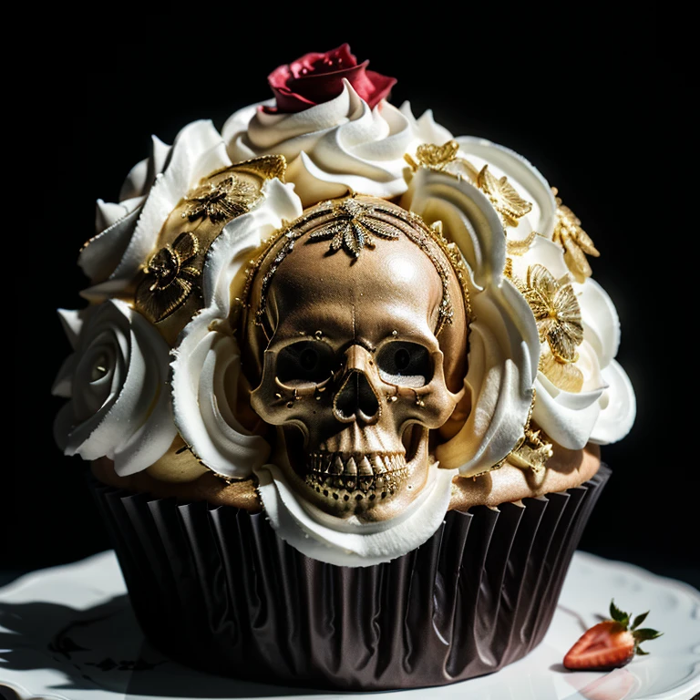 A mesmerizing dark fantasy dessert masterpiece by Skull Cake Shop 99. It features a scrumptious strawberry cupcake with two glossy skulls on top, adorned with two striking, contrasting glossy delicate designed skulls atop, and a cloud of smooth, white whipped cream. The multi-layered white base, rose-shaped whipped cream, and embellished with gothic-inspired a touch of edible melting gold. The artist's exceptional talent is showcased through the 3D rendering, photo-realistic details, and captivating interplay of light and shadow. This exquisite creation serves as a million-dollar masterpiece, combining a photoshoot, poster, product, and photo artistry to produce an unforgettable book cover and a striking display of artistic expression. Ultra-realistic, insanely detailed and intricate, juicy, perfect for any high-end promotional material