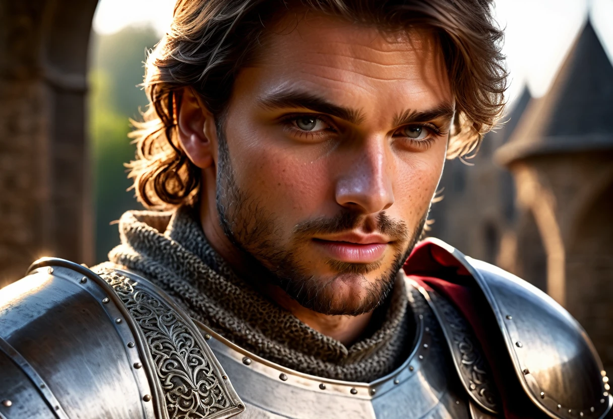 (highly detailed, detailed eyes, soft light, photorealistic, realistic light; cinematic) gorgeous male medieval knight looking over his shoulder with longing, looking at camera, expression of longing and lust.