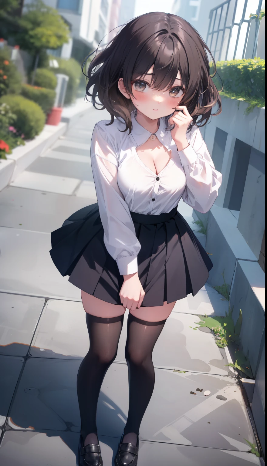 One Girl、Positive、From above、Full body portrait、Brown haired、Medium Haircut、blush、Absolute area、Knee socks、stockings、Black knee-high socks、White underwear、Cleavage、Light blue cut shirt、Unbutton your shirt、Shirt buttons fly off、Navy blue checkered pleated skirt、Very short skirt、garden、Daytime、(Very big boobs)、((Full Body Lesbian))、masterpiece、(highest quality)、Panties around the ankles、loafers、The wind blows up my skirt、vibrator in thighhighs