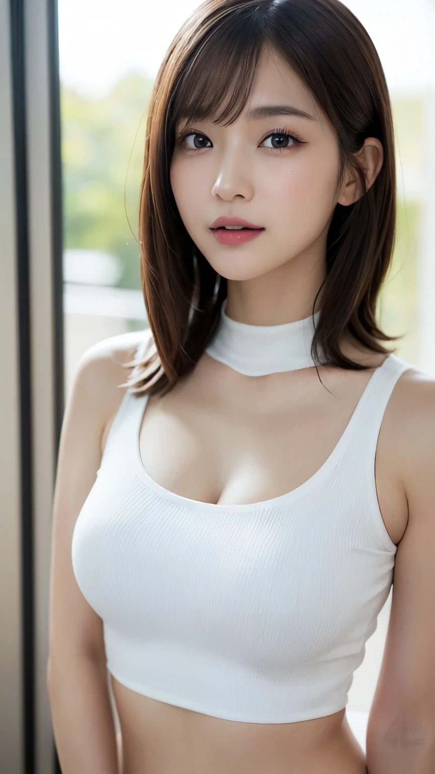 Tabletop, highest quality, Photorealistic, finely, High resolution, 8k wallpaper, Perfect dynamic composition, Beautiful and beautiful eyes, Medium Hair, Big and ample breasts, Random sexy poses,Chest to chest、(Open Chest Mock Neck Crop Tank Top Clear Crabbe)、(Breast Swelling 1.2)、Laughter、Open your mouth、Age 25、(Droopy Eyes 1.4)、Adult Beauty、Japanese