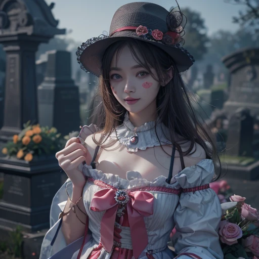 Standing in the grave、Hair flow、 ((highest quality、masterpiece、8k、Best image quality、Ultra-high resolution、Award-winning works)、(Accurate anatomy:1.1)、(Look at me and smile:1.1)、Shining fair skin with Ultra-high resolution、The most detailed face、Ultra-high resolution detailed face、Ultra-high resolutionの髪の毛、(Ultra-high resolution eye:1.1)、Beautiful face drawn in every detail、Cheerful clown costume, Chest to chest, Strange atmosphere, Ghosts flow, Dark Light, At the cemetery
