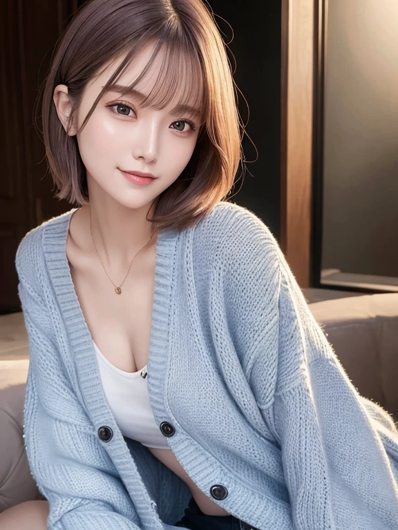 masterpiece, highest quality, High resolution,alone,Multiple hair colors,artistic,Best lighting,casual,Flat Chest,Beautiful Face,expensive,smile,light makeup,Age 25,Calm woman,Detailed Hair,Laughing woman,amount,short hair,Woman wearing a cardigan,whole body,Lean on,Wet hair after shower