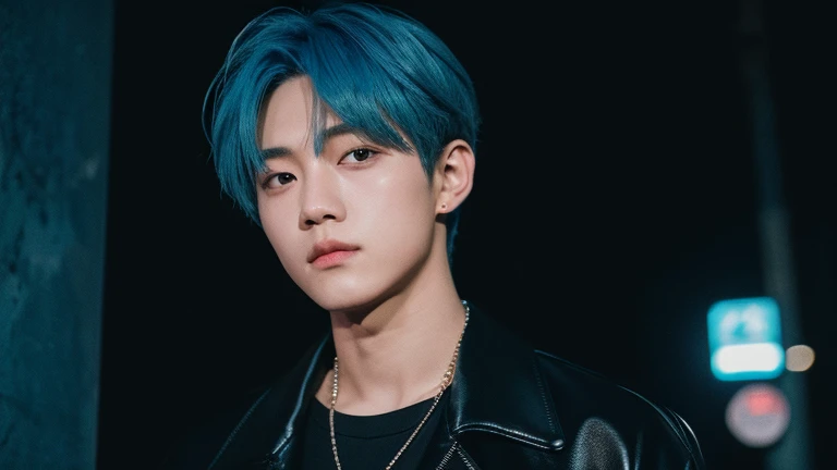 (Highly realistic photos, concentrate、High resolution, Detailed face, Detailed Hair,fine grain), ((Shooting in front of a wall))、Japanese men, 20-year-old, One boy,Only one person is in the photo、Natural look、 Upper body portrait,masterpiece,Kim Tae-hyung,Kim Taehyung\(BTS\),Stage makeup,Fair skin,Broad shoulders:1.5,(Blue Hair, :1.2),((Wearing a black jacket)), shy,The intense neon lighting casts dynamic, colorful shadows on her face, emphasizing the lively energy of Tokyo's night life --ar 3:4 --style raw --stylize 250
