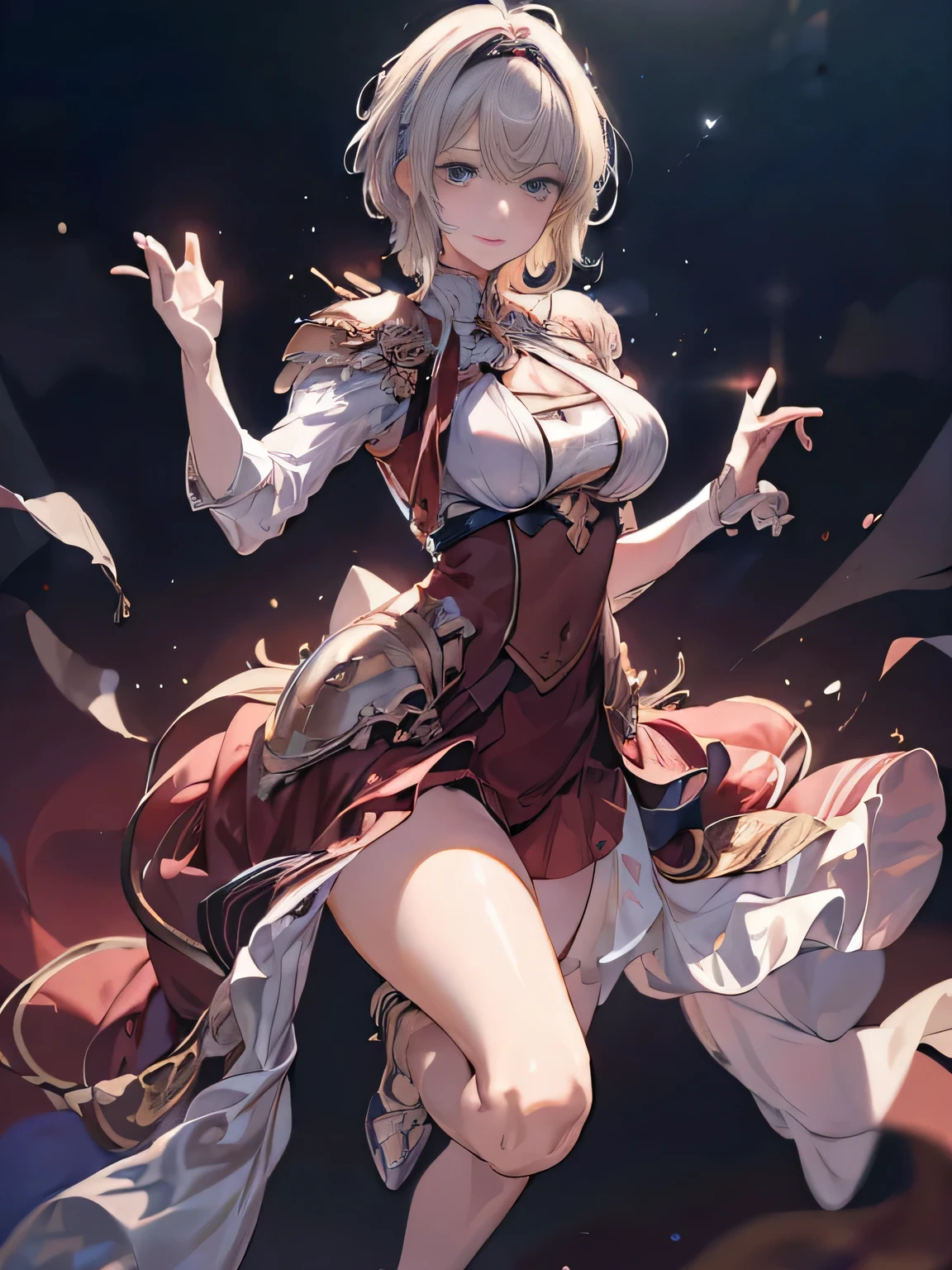 (( (masterpiece),(Very detailed CG Unity 8k wallpaper),(Bust Shot:1.5), highest quality,Cinema Lighting,Photorealistic, Detailed Background,Beautiful and beautiful eyes,Bright Eyes,(Very elegant and beautiful),(Beautifully detailed eye depiction),Very detailed,masterpiece,High resolution)), Richly decorated armor, Beautiful Female Warrior, short hair, Platinum Blonde Hair, Cleavage、Various actions、Various clothes、Red costume、Various poses、Colorful costumes、whole body、Beautiful feet