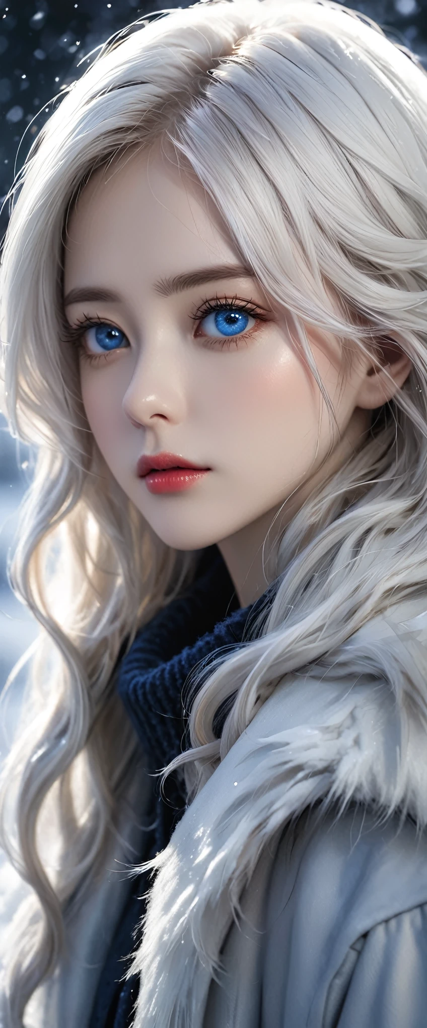(8K, Необработанная Photo, Best quality, masterpiece: 1.2), цветная Photo высокой четкости в формате RAW, Professional Photo, Ice lighting, (((one woman alone, blue eyed, long, wavy, White hair))), (The face is elongated due to cold), cold eyes, long eyelashes, Beautiful eyelids, slender body, (fur lined coat), ((Looking into the distance with a feeling of melancholy))), ((FULL BODYSTOT)) ), white breath, ((Icy loneliness, low angle shot)), realistic, very detailed, Photo, masterpiece, High quality.