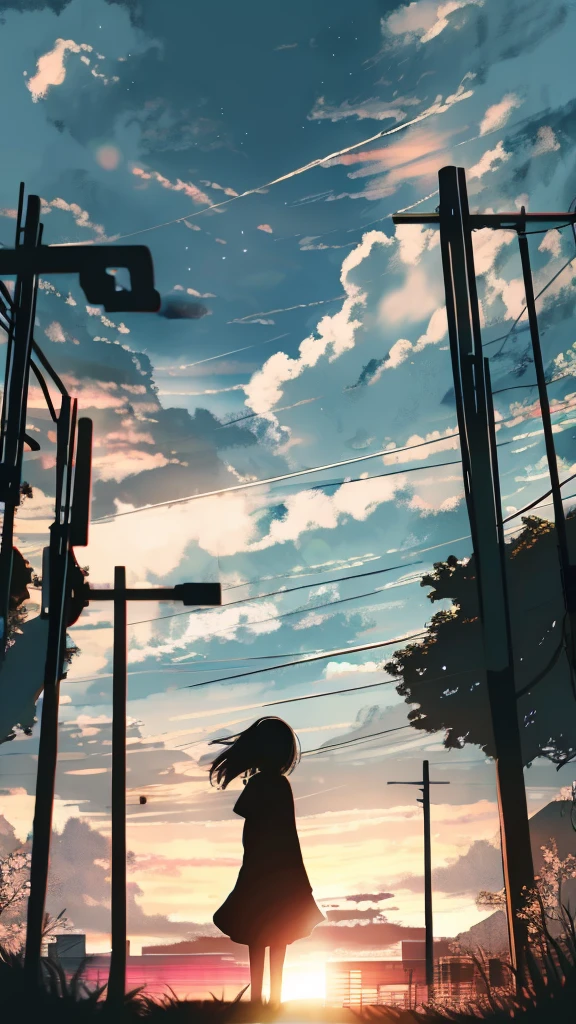 anime,silhouette,1girl, cloud, outdoors, skyscraper, city lights, blue sky, skyline,morning,waking,In nature,Mountain