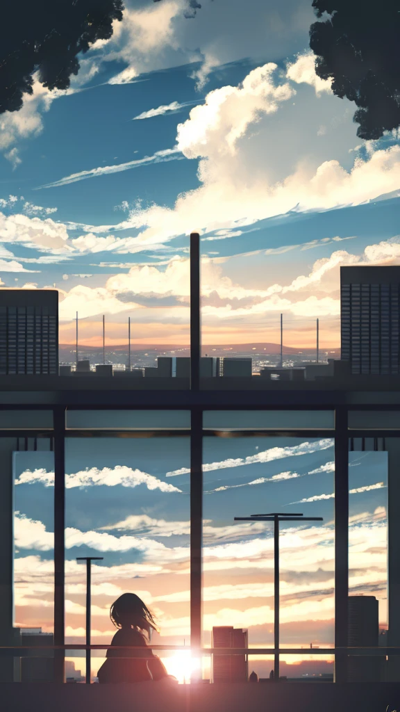 anime,silhouette,1girl, cloud, outdoors, skyscraper, city lights, blue sky, skyline,morning,waking,In nature,Mountain