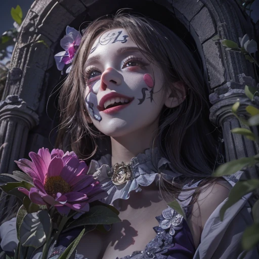 Standing in the grave、Hair flow、 ((highest quality、masterpiece、8k、Best image quality、Ultra-high resolution、Award-winning works)、(Accurate anatomy:1.1)、(Look at me and smile:1.1)、Shining fair skin with Ultra-high resolution、The most detailed face、Ultra-high resolution detailed face、Ultra-high resolutionの髪の毛、(Ultra-high resolution eye:1.1)、Beautiful face drawn in every detail、Cheerful clown costume, Chest to chest, Strange atmosphere, Ghosts flow, Dark Light, At the cemetery, Heavy makeup