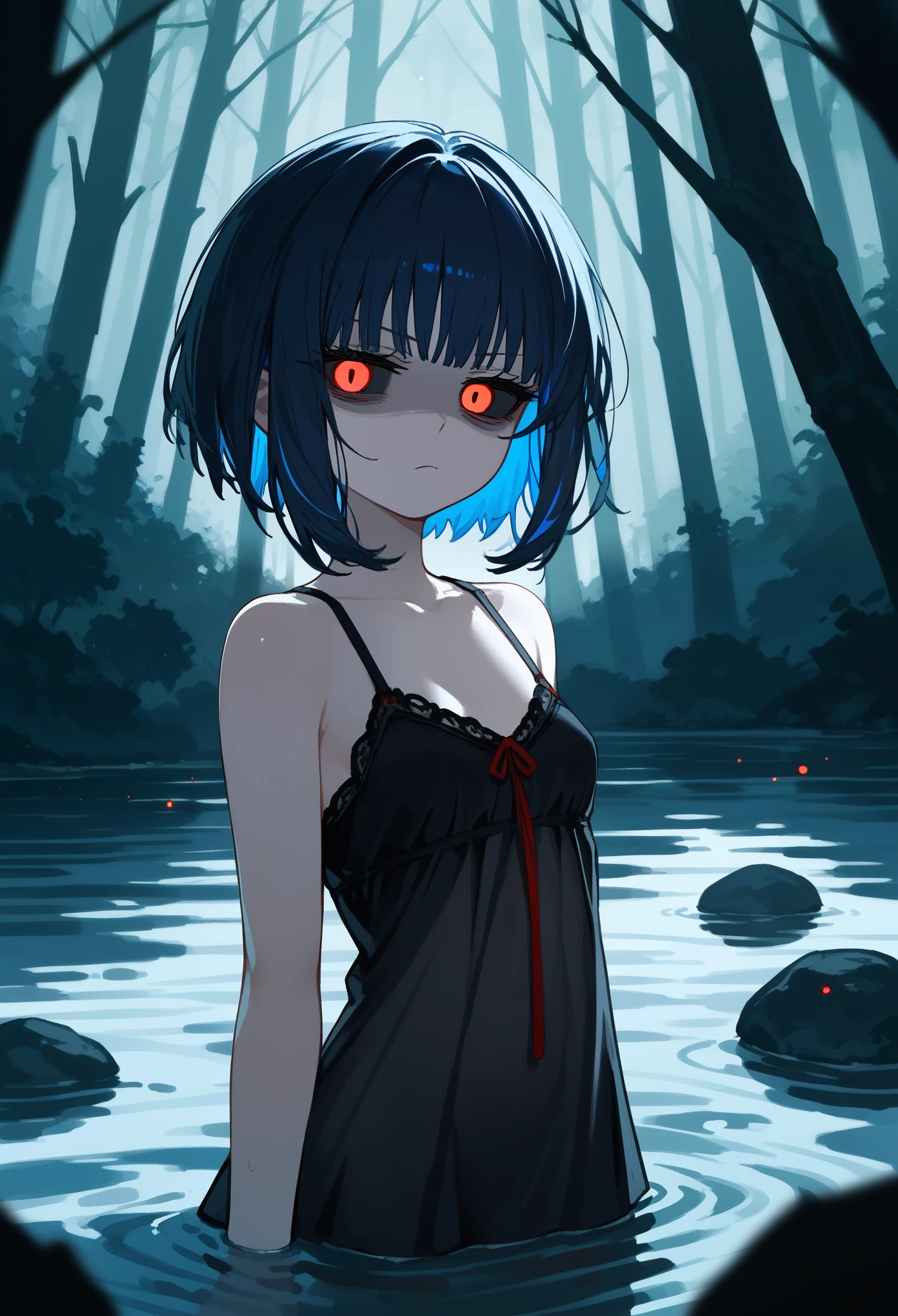 1girl, solo, red eyes, black sclera, short hair, black hair, colored inner hair, blue hair, sidelocks, black chemise dress, bare shoulders, arms on sides, upper body, looking at viewer, narrowed eyes, serious, shaded face, bags under eyes, glowing eyes, small breasts, river, partially submerged, forest, night, terror scenery, large shadow monsters around, facing to the right, masterpiece, score_9, score_8_up, score_7_up