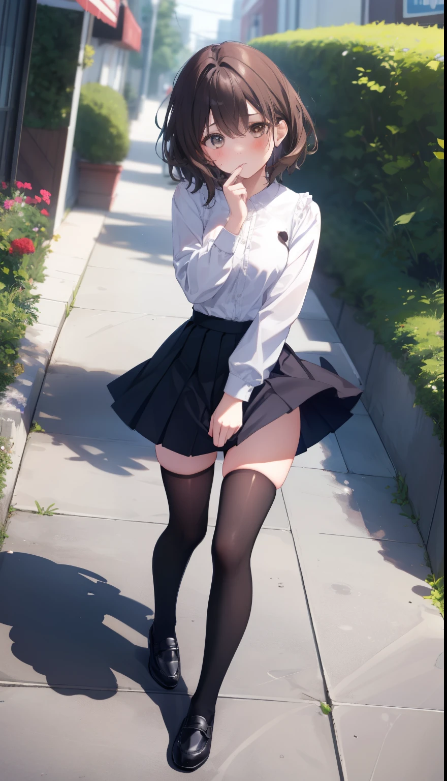 One Girl、Positive、From above、Full body portrait、Brown haired、Medium Haircut、blush、Absolute area、Knee socks、stockings、Black knee-high socks、White underwear、Cleavage、Light blue cut shirt、Unbutton your shirt、Shirt buttons fly off、Navy blue checkered pleated skirt、Very short skirt、garden、Daytime、（Very big boobs）、((Full Body Lesbian))、masterpiece、（highest quality)、Panties around the ankles、loafers、The wind blows up my skirt、vibrator in thighhighs