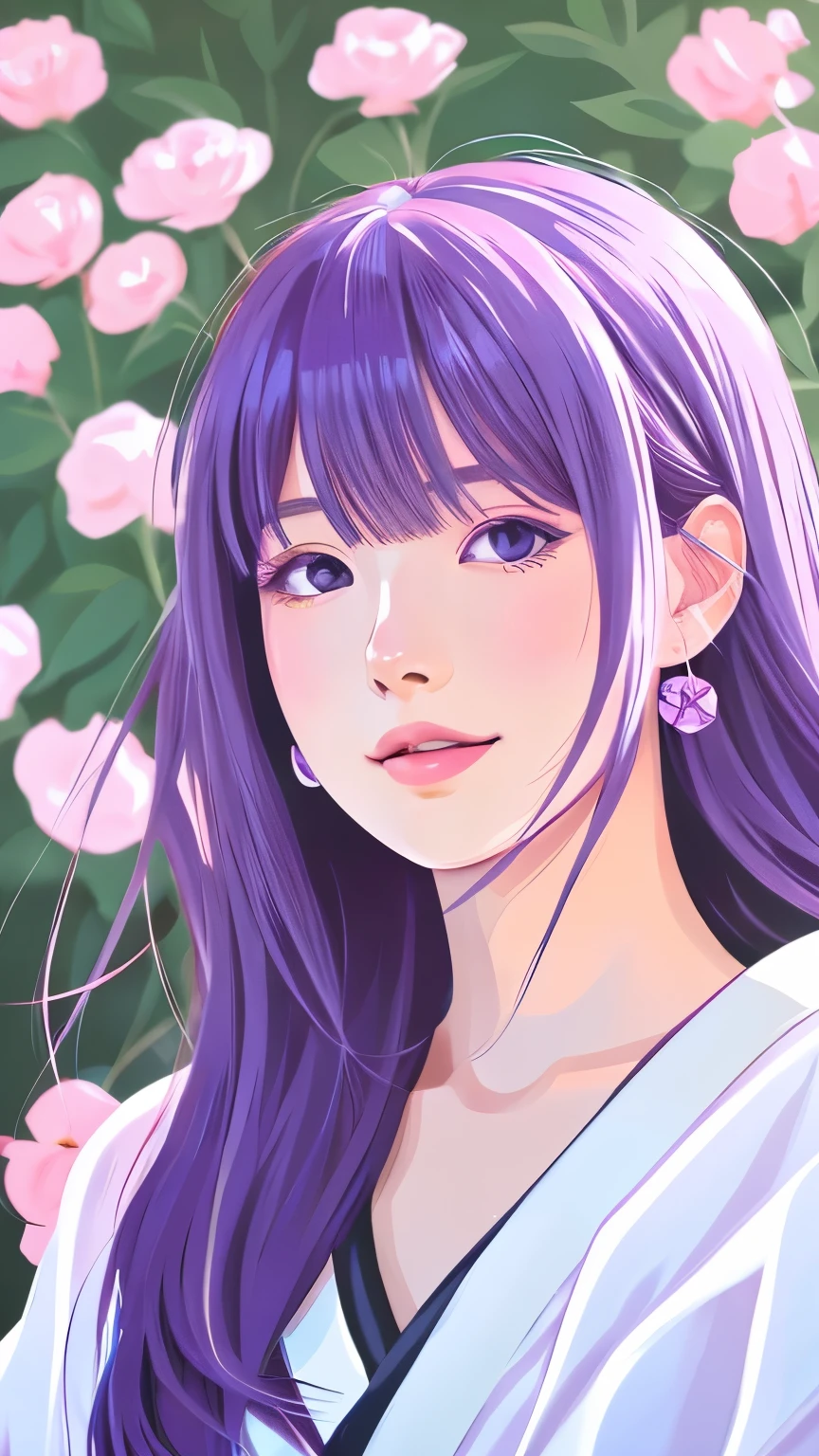 Illustration style、Showa Anime、Woman looking this way、Japanese、May、 (highest quality, Ultra-detailed, Portraiture, Natural light)、Stylish、Purple Hair