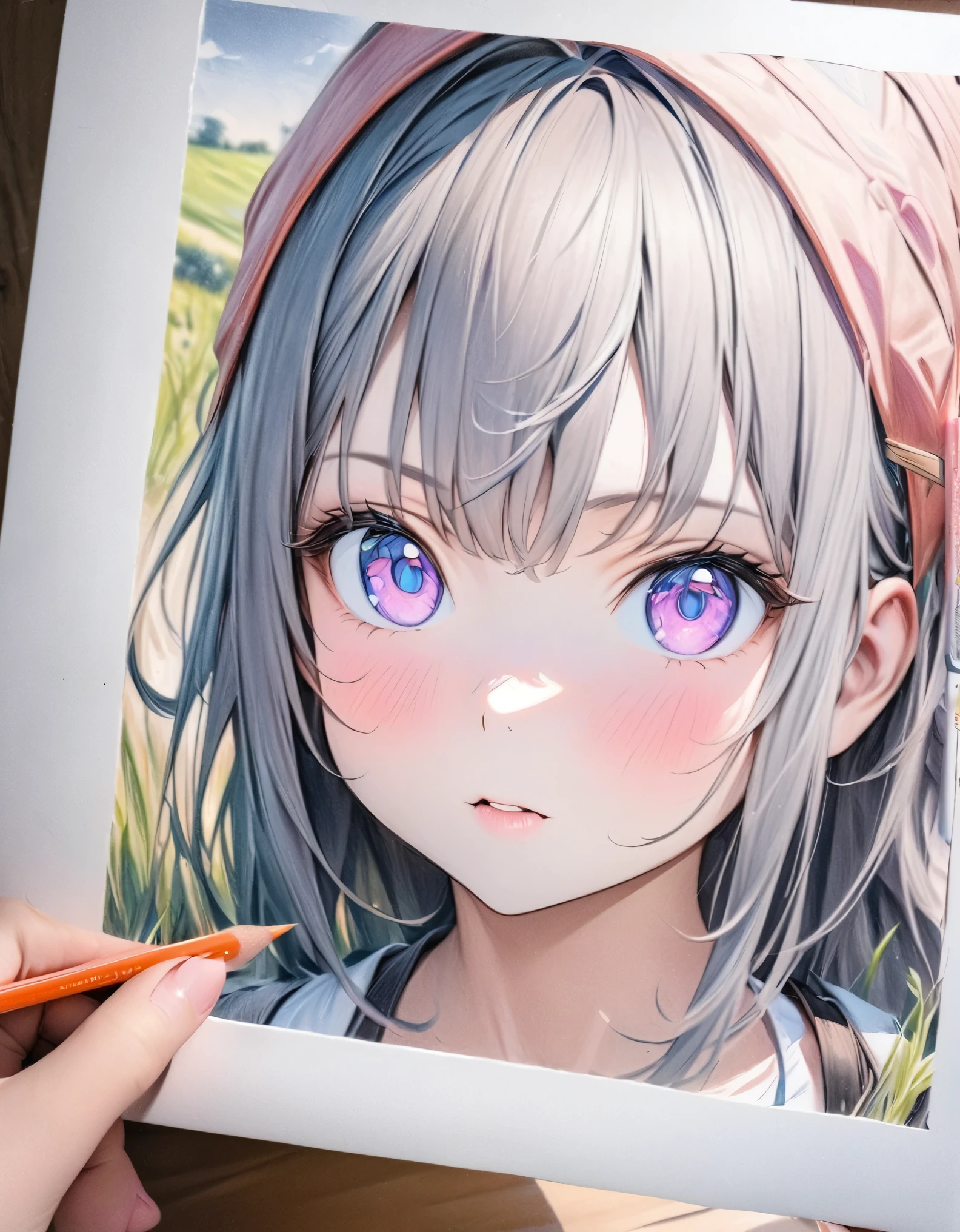 ((style:colored pencil,Pale colors)),Hyperrealism,(masterpiece:1.2),(anime),Fantasy、A girl posing、cute、grassland、(Draw it in the canvas)