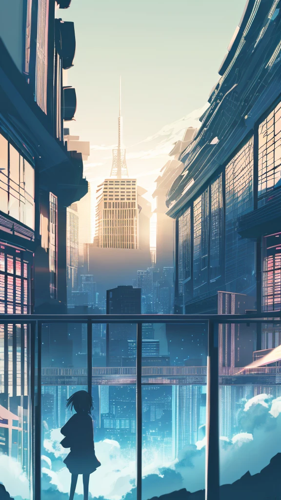 anime,silhouette,1girl, cloud, cityscape, building, city, outdoors, skyscraper, city lights, blue sky, skyline,morning,In the middle of a crowd