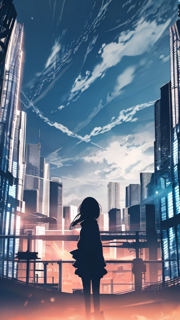anime,silhouette,1girl, cloud, cityscape, building, city, outdoors, skyscraper, city lights, blue sky, skyline,morning,In the middle of a crowd