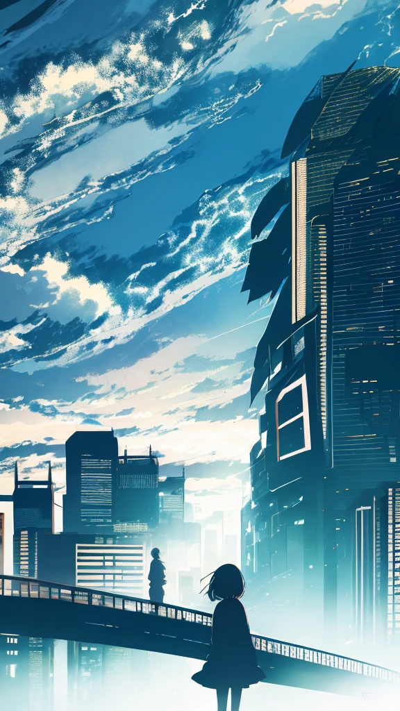 anime,silhouette,1girl, cloud, cityscape, building, city, outdoors, skyscraper, city lights, blue sky, skyline,morning,In the middle of a crowd
