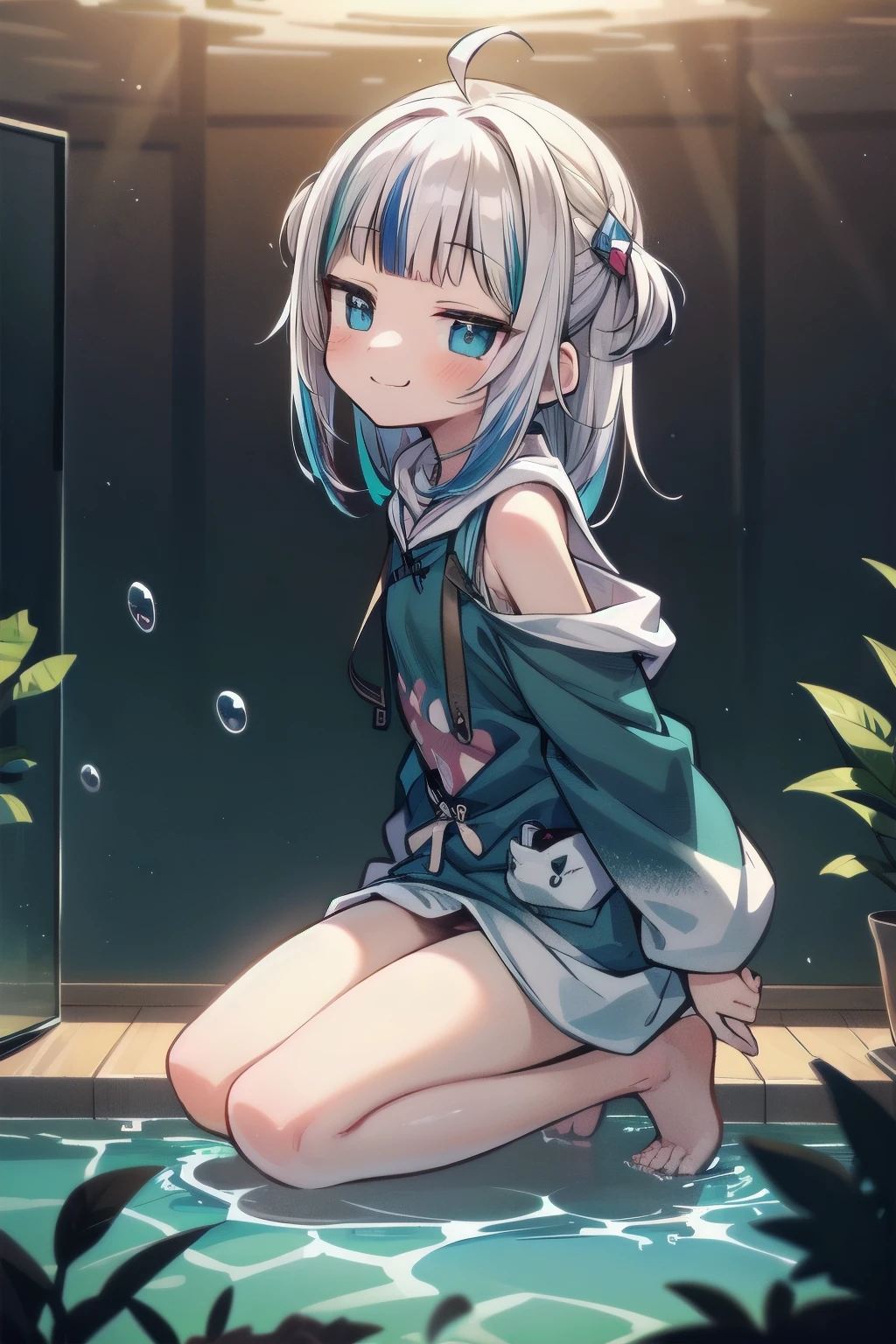((Gawr gura)), ((Masterpiece)), ((best quality)), (Anime:1.3), (super detail:1.2),(High Definition:1.3), (Professional Photography:1.2), from side, (cinematic lighting), (flat body), (flat chest), ahoge, messy hair, (blush), (very naughty smile), (ultra detailed), (Kneeling), 1girl, blue hoodie, full body, ((Inside the aquarium)), (surrounded by colorful splashes), colorful bubble, shining, (sharp focus), (perfect light),