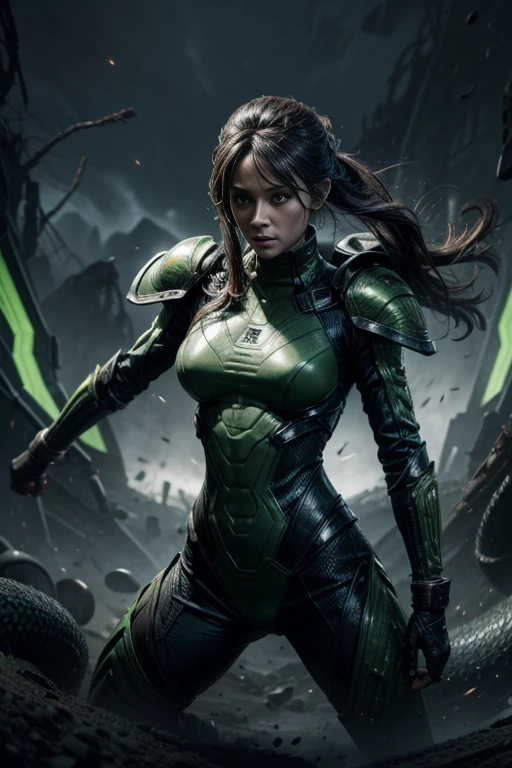 An alien warrior being is fighting in the
battlefield ,armed and dangerous, anaconda skin, command with power, violent frame, green yellowish, yellow greenish and dark blue ,female, sweet, three quarter wiew, digital art