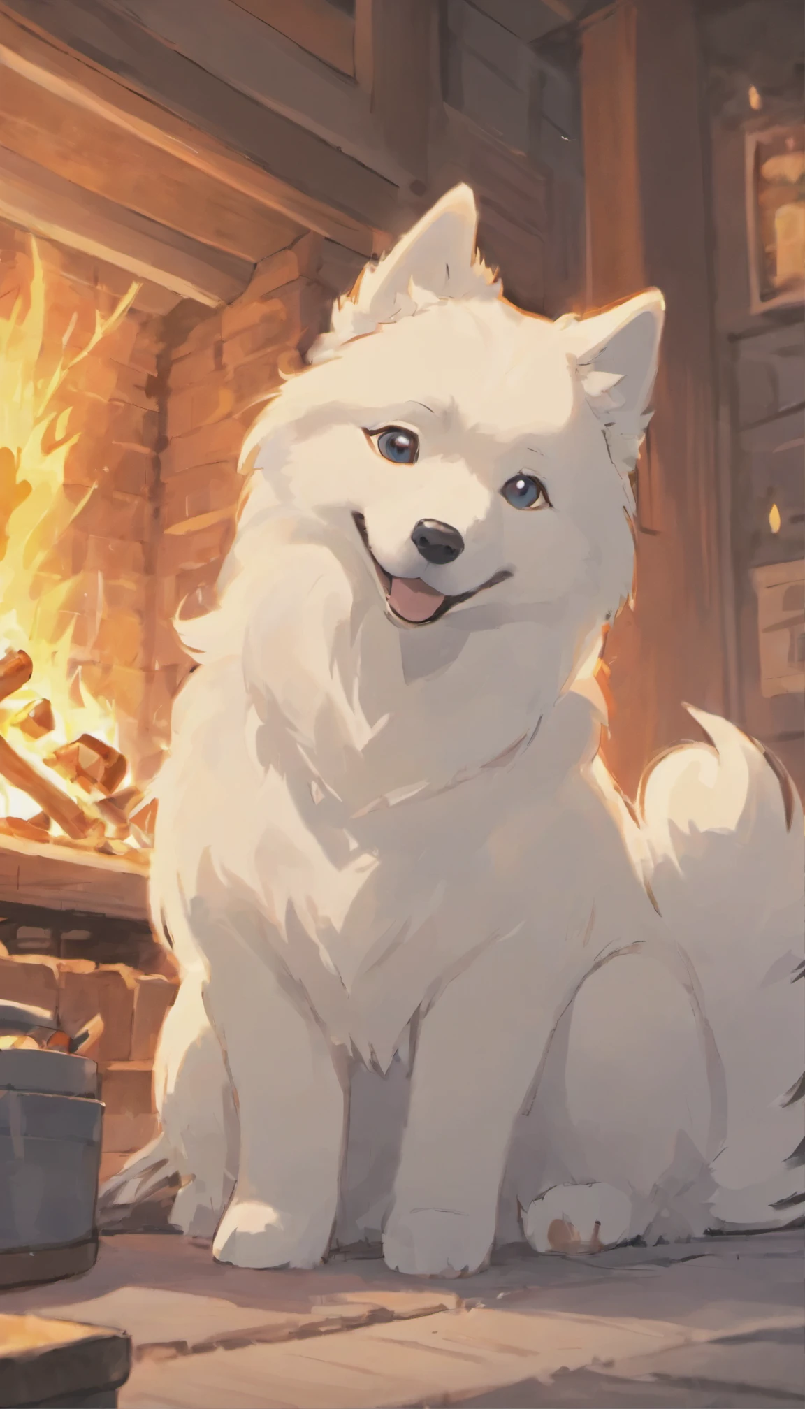 Samoyed dog,前足でカップを持ったSamoyed dog,one dog,Hot drinks,Have fun,Fireplace fire,Warm living room