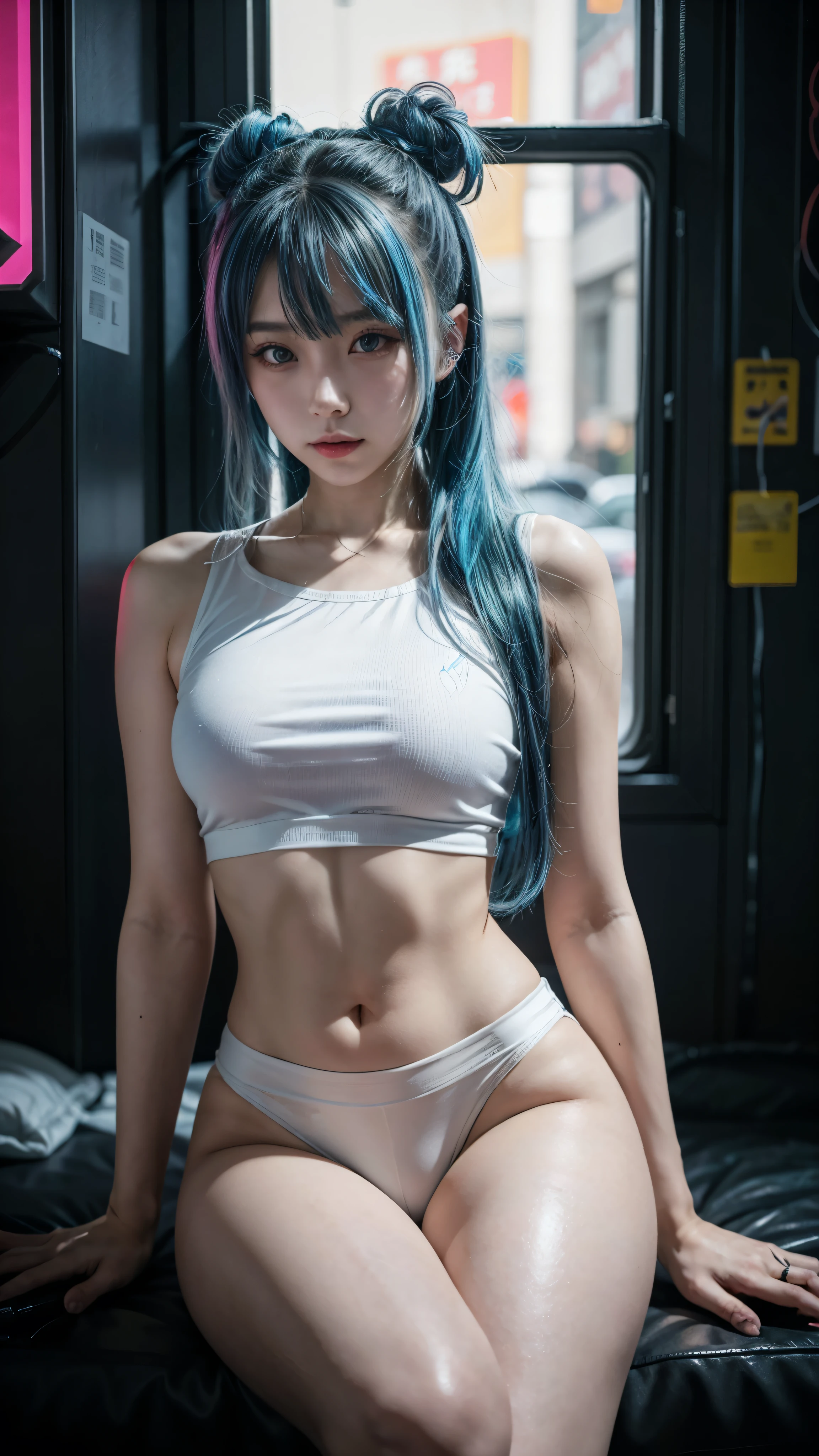 there is a woman with a blue hair and a white top, anime girl cosplay, inspired by Leng Mei, photo of slim girl model, anime girl in real life, seductive anime girl, cyberpunk 2 0 y. o model girl, chinese girl, female cyberpunk anime girl, photo of slim girl, beautiful cyberpunk woman model, anime cosplay, cosplay photo, cosplay
