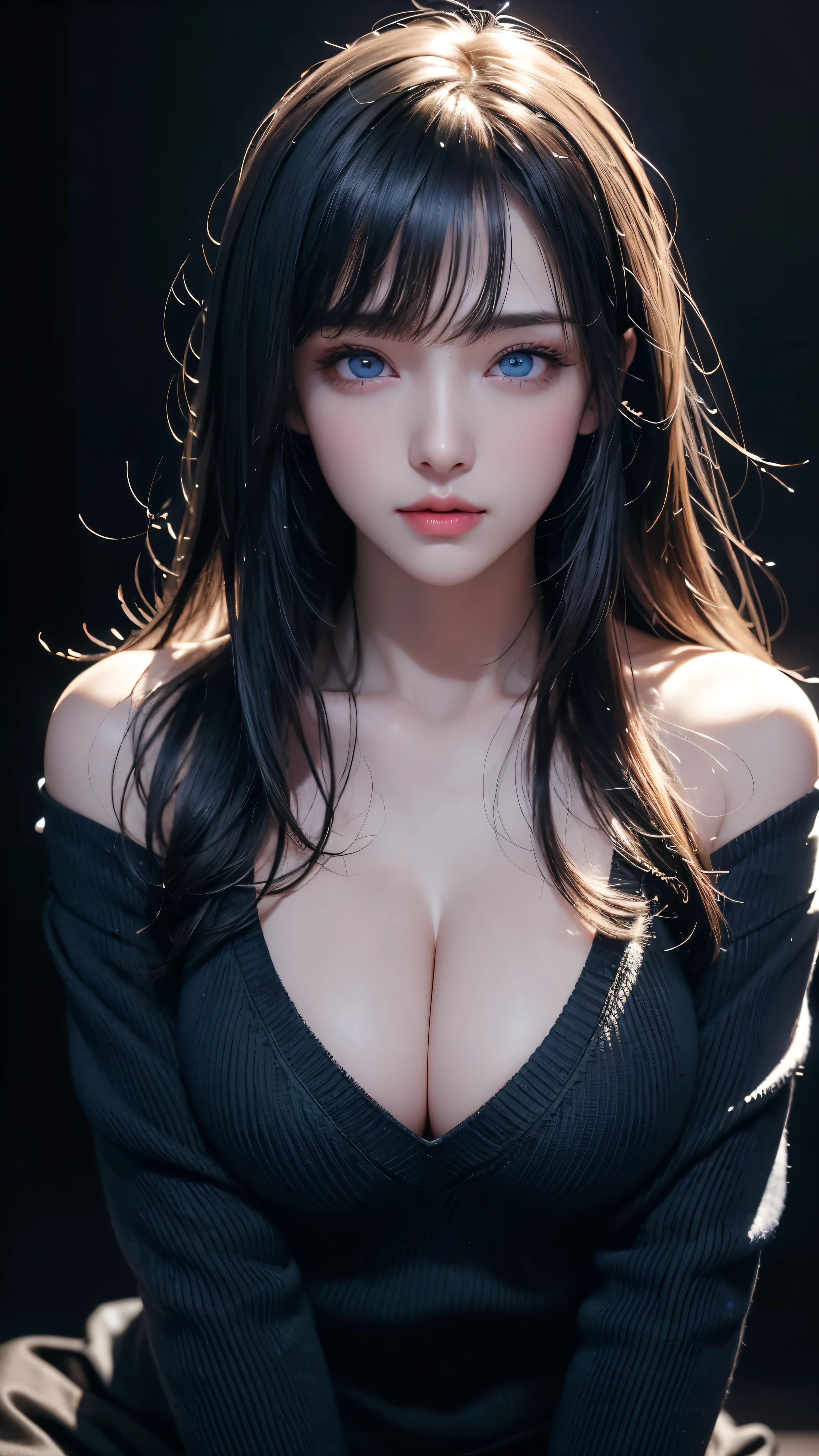 masterpiece, highest quality, Super detailed, Facing the camera, Super detailed, Realistic, Sharp features, Very detailed, Sharp focus, Perfect Face, Perfect Face, Perfect symmetrical perfect eyes, Perfect Plump Lips, Flexible female form, Cinematic, Film Light, Super detailed, hyper Realistic, masterpiece, Atmospheric, High resolution, Vibrant, Dynamic Studio Lighting, ((Dark Background)), The expression when enduring pleasure, Straight bangs, blue eyes,Black sweater, Cowboy Shot,The cleavage is visible、first round、Sexually aroused expression