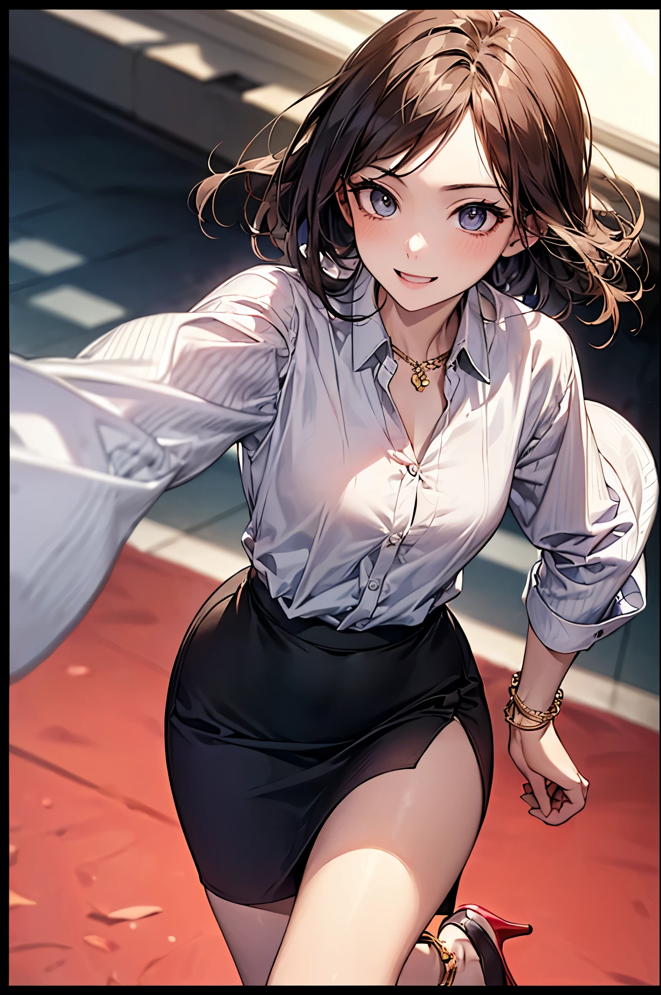 ((Biologically correct limb count))、(( whole body including face))、4K、Masterpiece、((Focus on the face))、((Symmetrical, well-proportioned facial features))、Eyes with delicate depictions、(((1 person)))、Beautiful woman、Outstanding style、Slender Body、、((Red Army Uniform、shirt、Checked Skirt,(High heels with anklets)))、(((coastal)))、(Smiling and smiling)、(Close-up photo of the upper body)、High angle、Photos with a white border around them、night、Walking posture、
