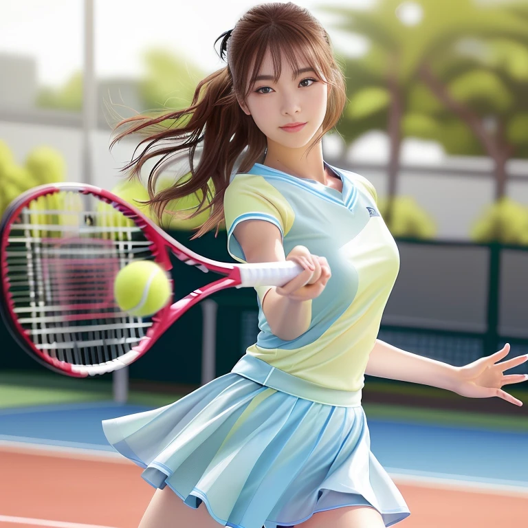 Photo-realistic quality、水色のTennis Wearーを着てテニスラケットを振っている２０College girl , a girl Playing tennis, Tennis Wear, Playing tennis, Realistic rackets, Detailed and beautiful eyes、Playing tennisアイドル、Grey skort、The moment the yellow ball is hit、