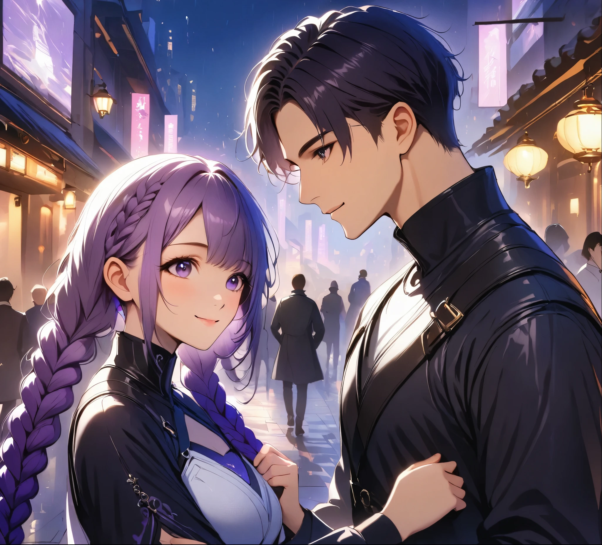 1 boy,Girl with purple and white gradient double braids,romantic couple,Smiling Face,as thick as thieves,Background blur,high quality,Artistic sense,cinematic atmosphere,Luxury lighting